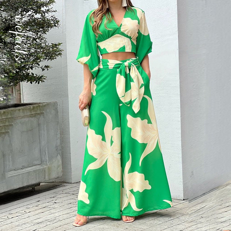 Fashionable Casual Top And High-waisted Wide-leg Pants Set