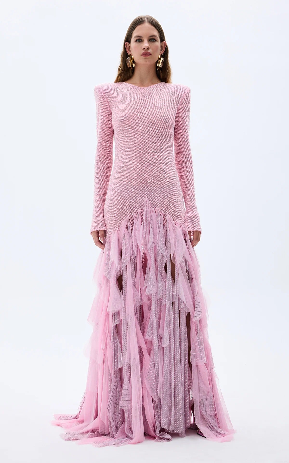 Sequin Tulle Ruffle Maxi Dress