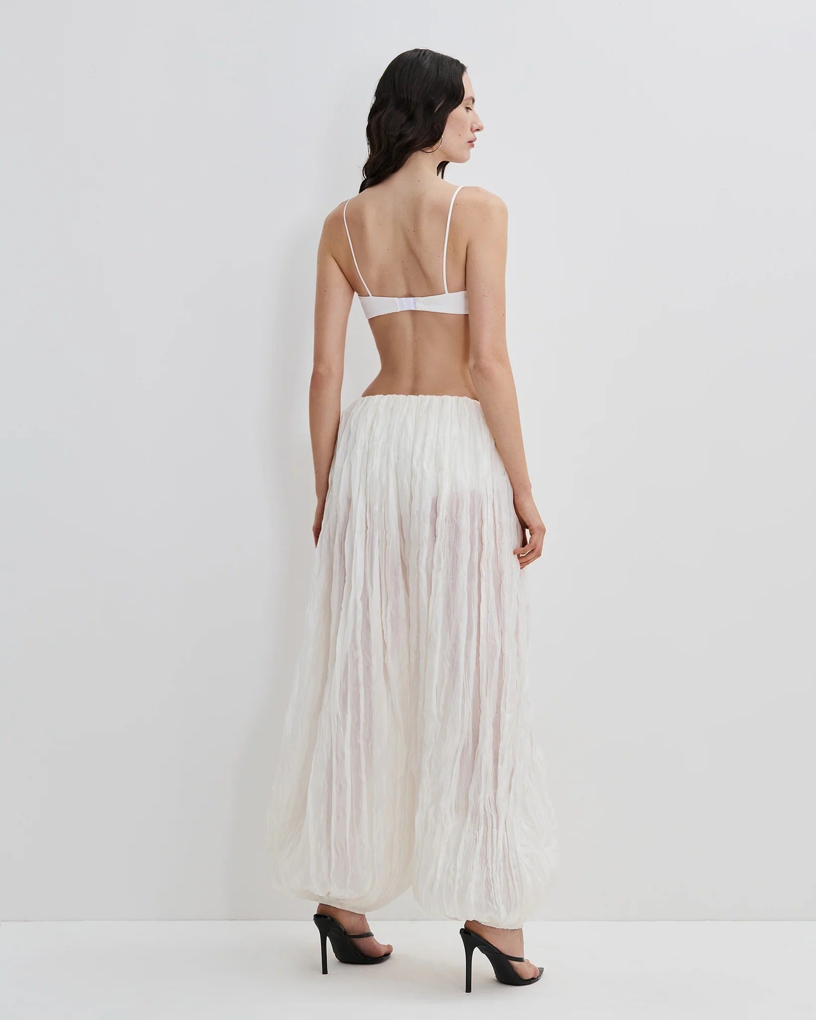 White Crinkled Pleated Wide-Leg Maxi Pants