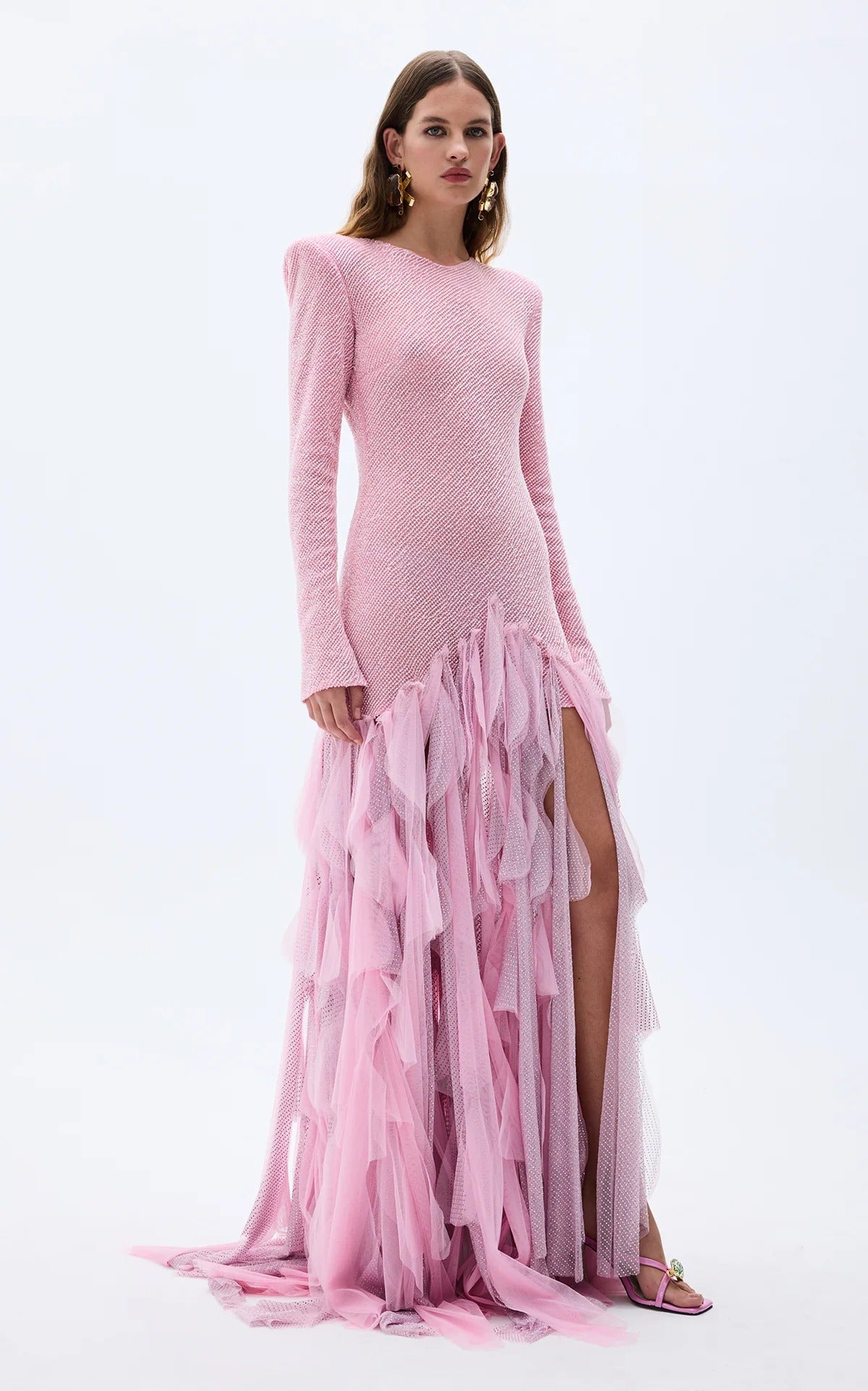 Sequin Tulle Ruffle Maxi Dress