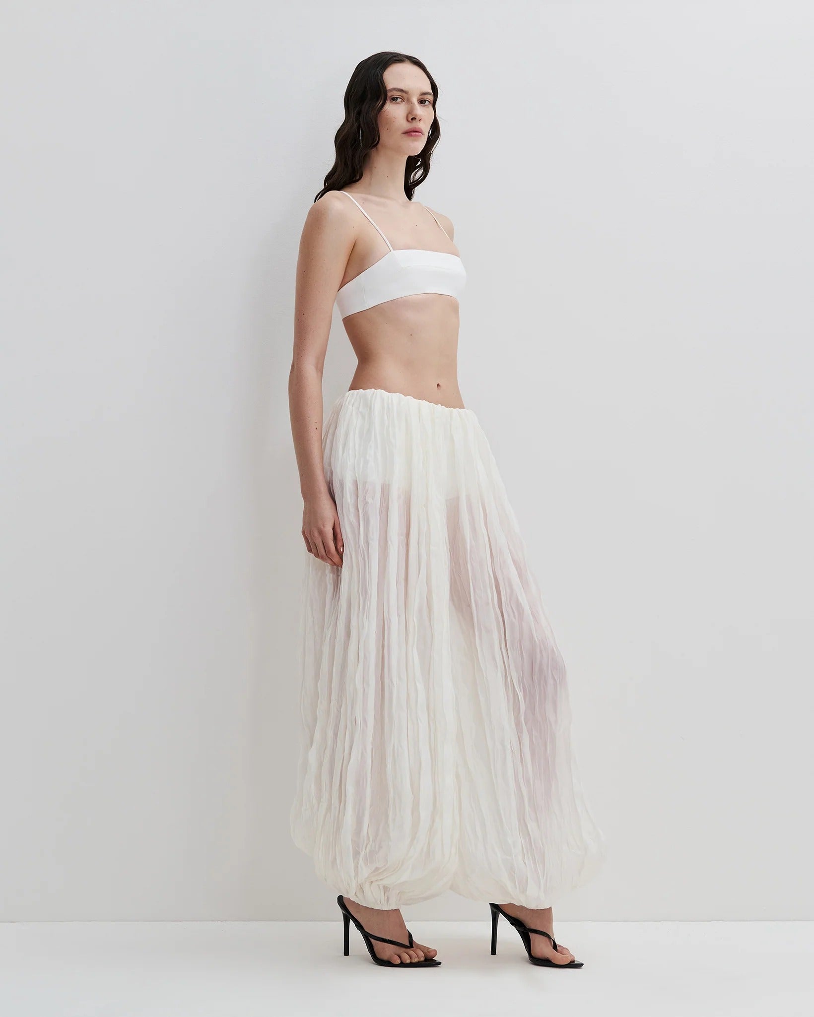 White Crinkled Pleated Wide-Leg Maxi Pants
