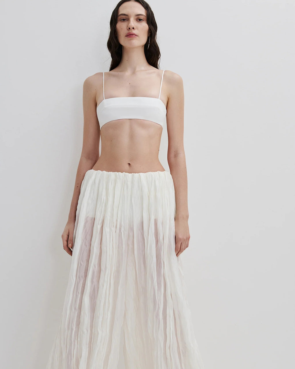 White Crinkled Pleated Wide-Leg Maxi Pants